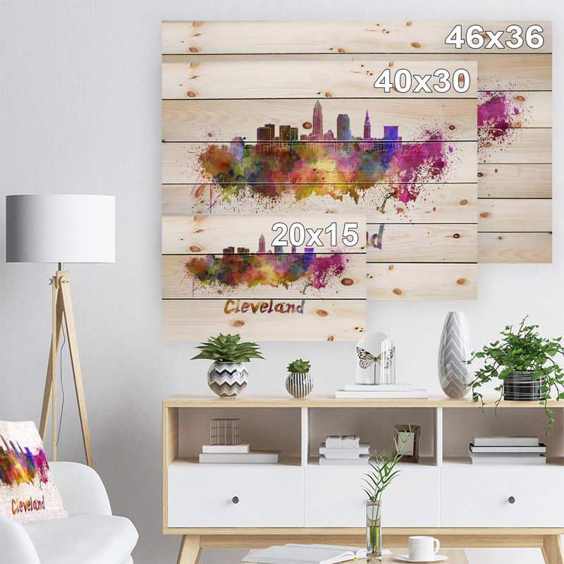 Cityscape Cleveland Skyline - impression d'art graphique, H 36 po x l 46 po x P 1,5 po, Bois