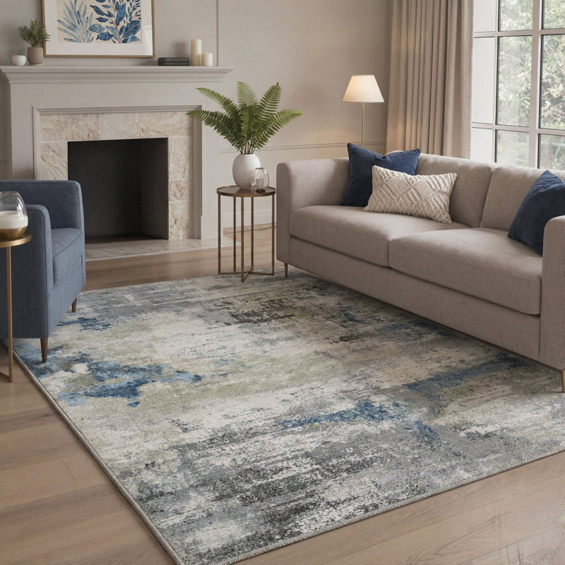Mignone Abstract Watercolor Wash Machine Washable Dusty Azure Indoor Area Rug With Non-Slip Backing, Rectangle 9' x 12'