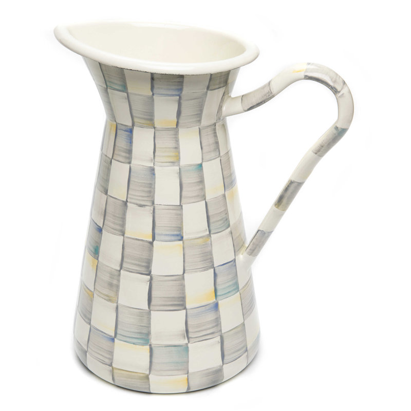 Large Hand-Painted Sterling Check Enamel Pitcher