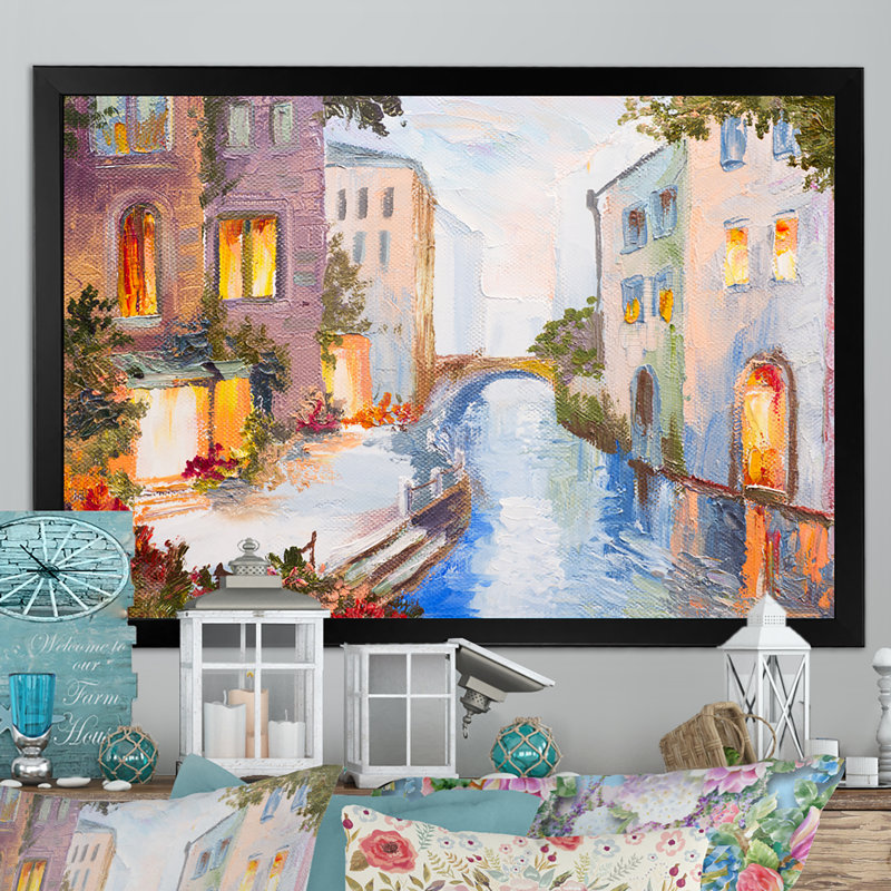 Summer Canal In Venice - reproduction d'art sur toile, Toile avec cadre noir, H 8 po x l 12 po x P 1 po
