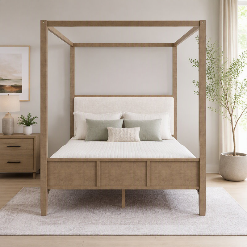 Lit plateforme à baldaquin en bois avec tête de lit, Queen, Noyer naturel