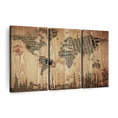 " Newspaper Landmark World Map Multi Piece Canvas Print " by Vintage Charm Collective 3 - Pieces