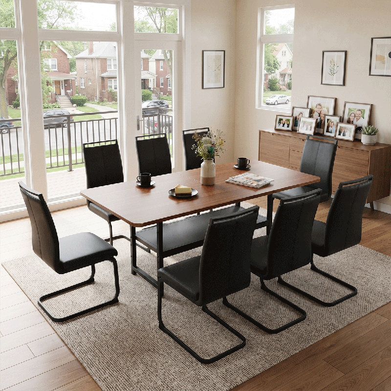 Ensemble de table de salle à manger rectangulaire pour 8 personnes, ensemble de table de salle à manger 71 po avec 8 chaises rembourrées et tablette de rangement, plateau de table en bois avec structure en métal noir