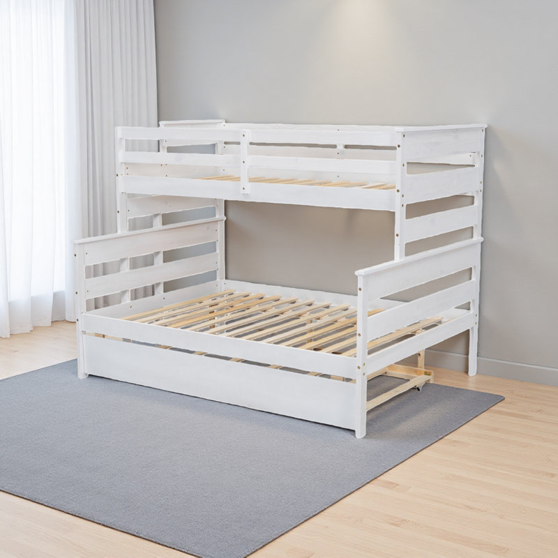 Lit superposé simple au-dessus d'un lit double avec lit gigogne en bois, Blanc