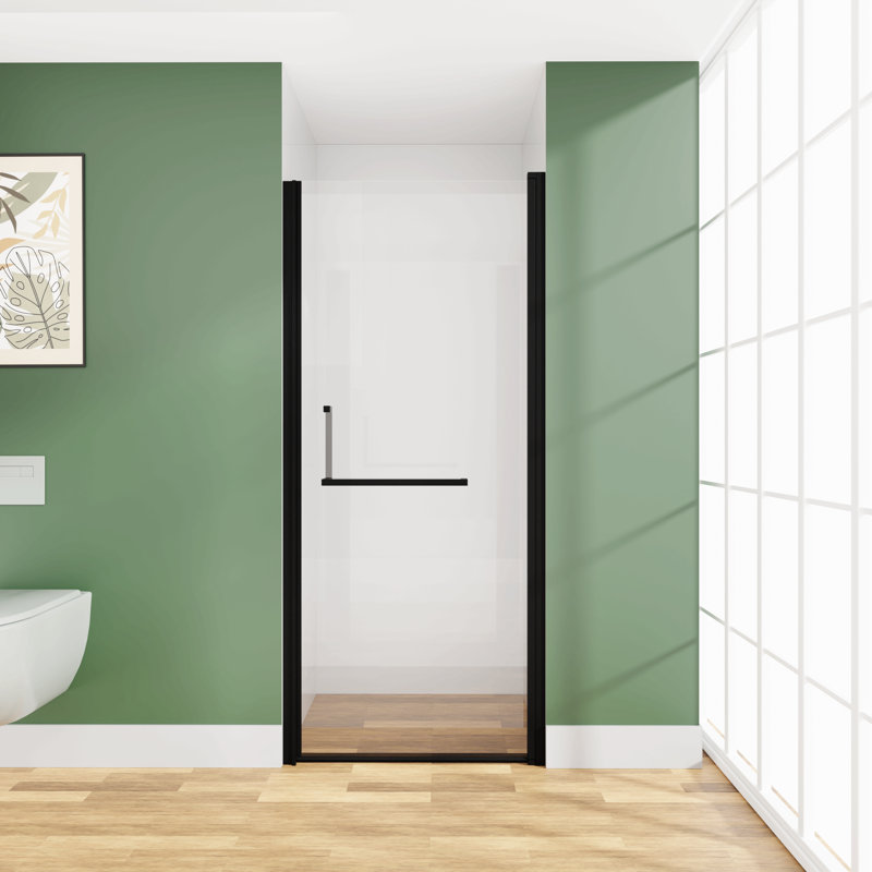 Porte de douche pivotante semi-sans cadre 34 "x 72", verre trempé 1/4 ", largeur réglable, installation réversible, noir mat