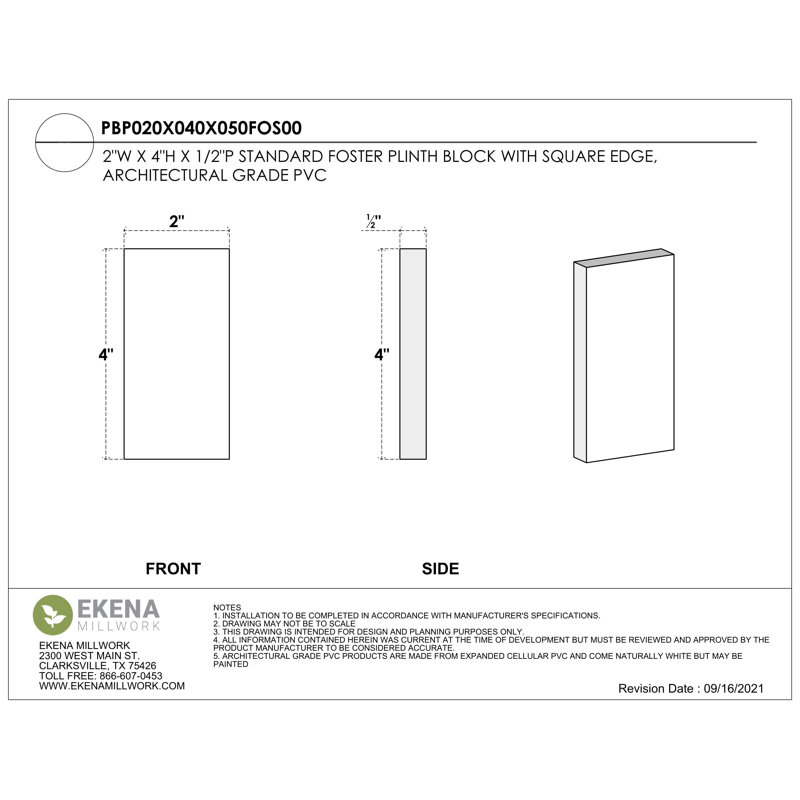 2"W x 4"H x 1/2"P Standard Foster Plinth Block with Square Edge, 4" H x 2" W x 0.5" D