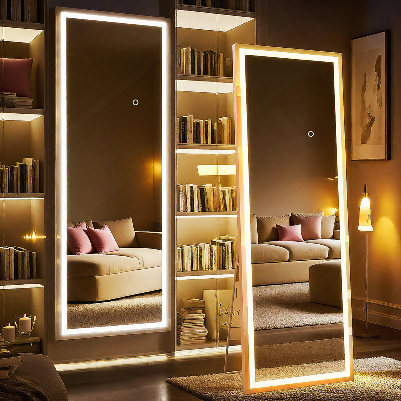 67X22 Inch Full Length Mirror With Lights, Full Body Dressing Standing, Hanging Mounted Mirror For Living Room Bedroom Cloakroom, Square Black