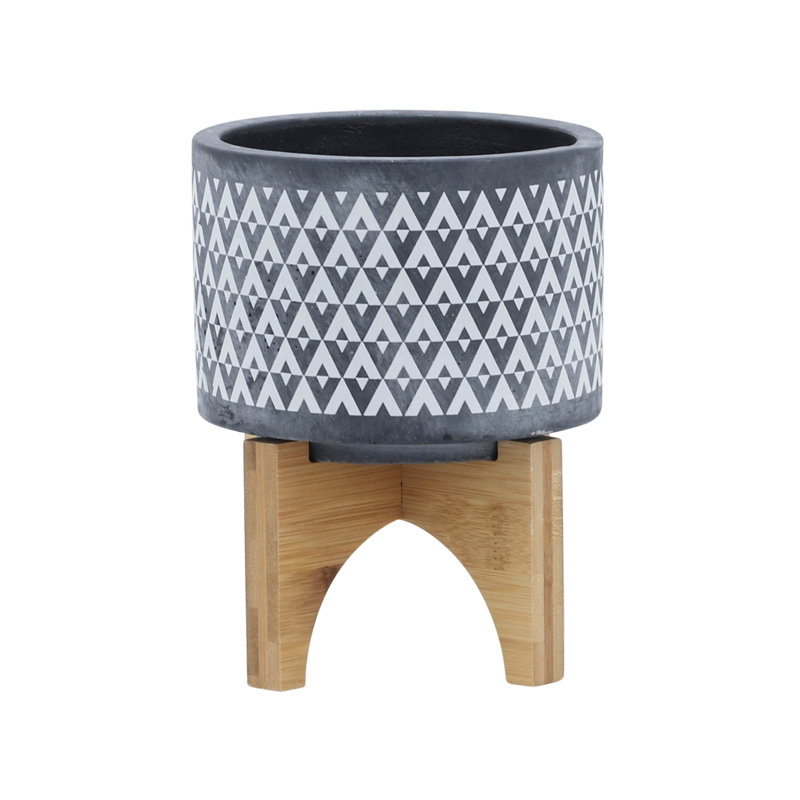 Ceramic 5" Aztec Planter On Wooden Stand