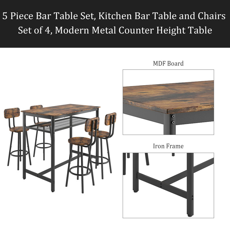 Ensemble de table de bar 5 pièces, ensemble de 4 tables de bar et chaises de cuisine, table de comptoir moderne en métal avec tabourets pour la salle à manger, la table de petit-déjeuner du salon