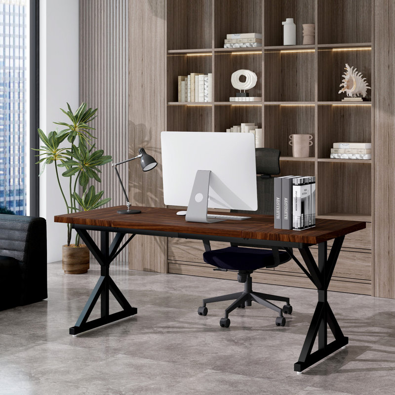 70.87" Modern Farmhouse Ironwood Dining Table (Walnut), Walnut, Black