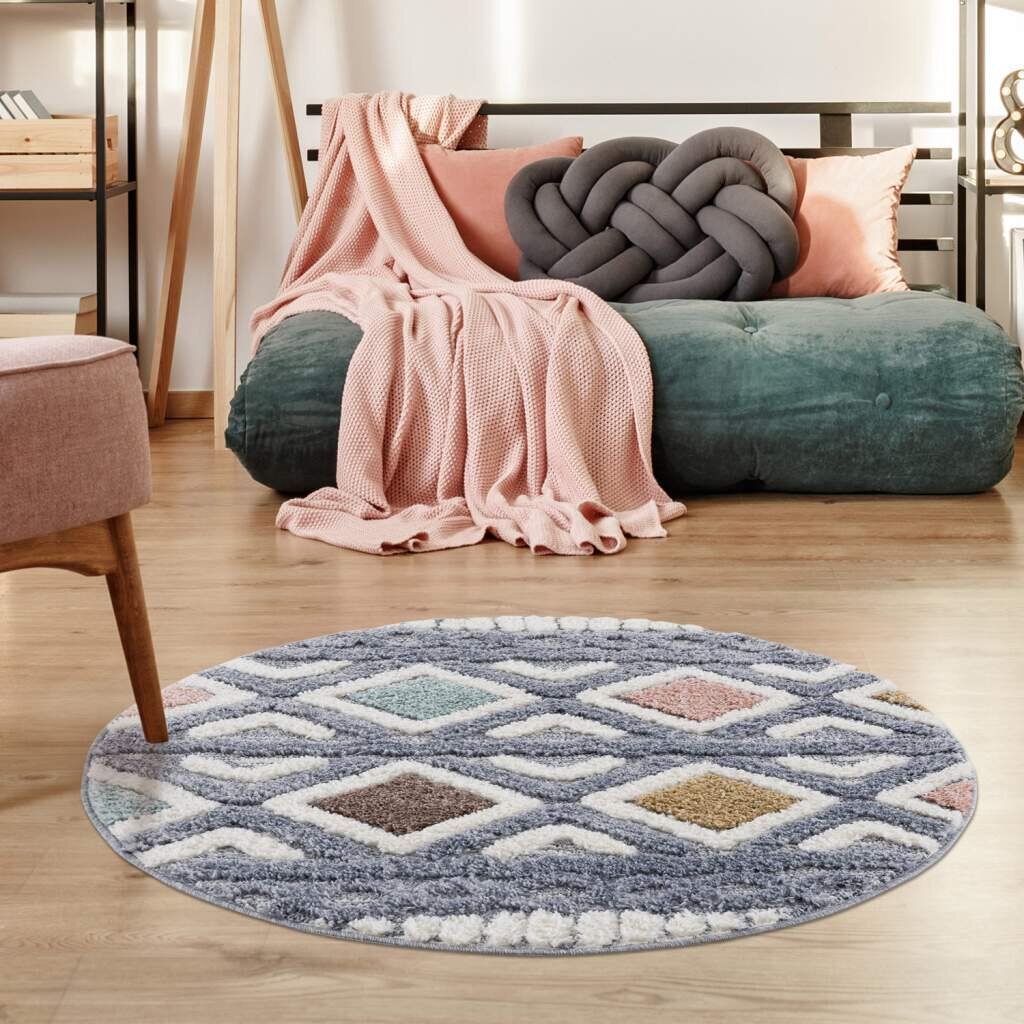 Teppich Focus 3382 Hochflor Boho Wohnzimmer Creme, Graublau Hochtief-Muster/ 3D-Effekt Rautenmuster Stewart