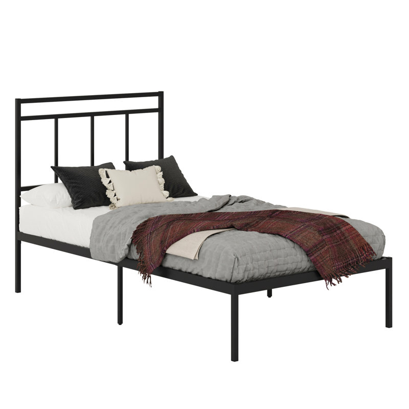Lit industriel simple avec tête de lit en métal noir et tête de lit de style contemporain, cadre robuste avec lattes horizontales, assemblage rapide, décor complémentaire