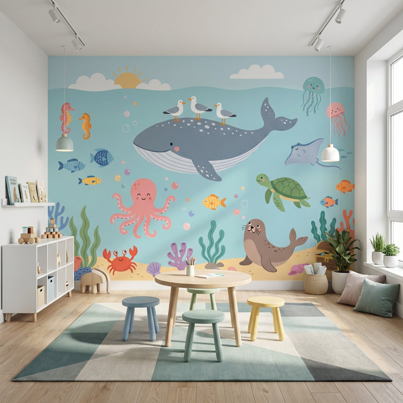 Murale sous-marine, créatures de la mer, décor océan, Non tissé non collé, 160 po x 108 po