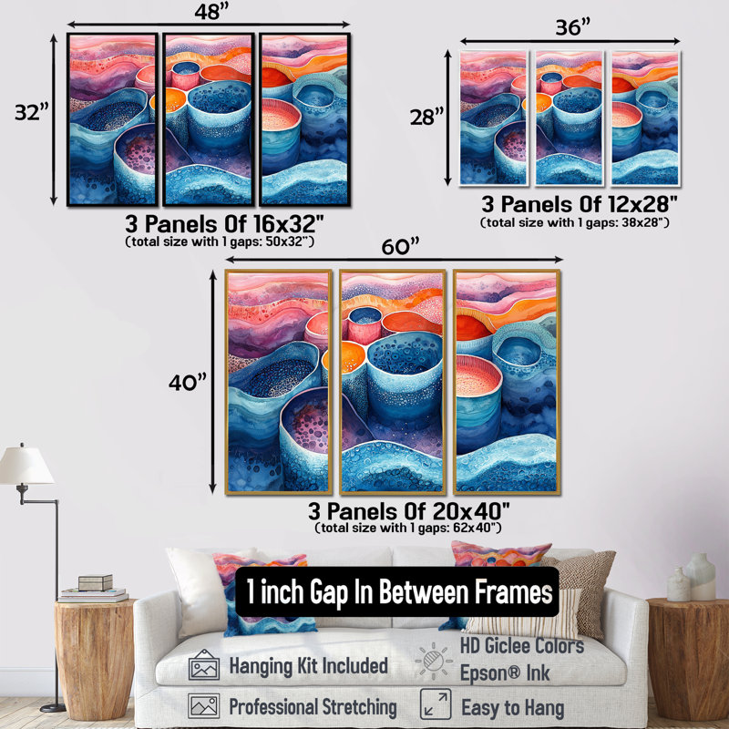 Beach Pottery in Pink and Blue Tones II - ensemble d'art mural de poterie de plage, Toile avec cadre flottant noir