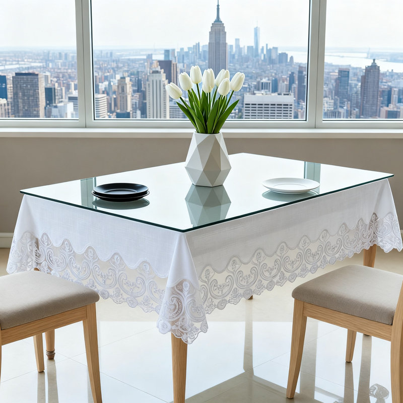 Nappe rectangulaire en dentelle, tissu de décoration de vacances brodé transparent, 52 po x 70 po (blanc, forme ovale)