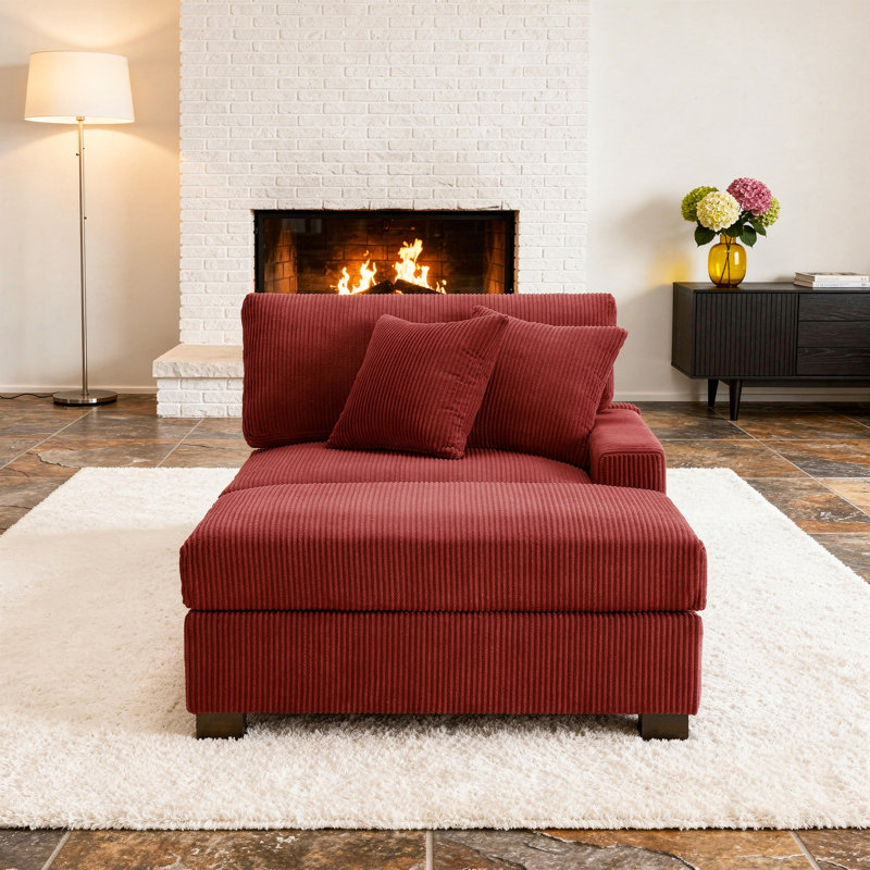 Upholstered Corduroy Modular Chaise Lounge With Armrests & Throw Pillows, Right Hand Facing, Rouge