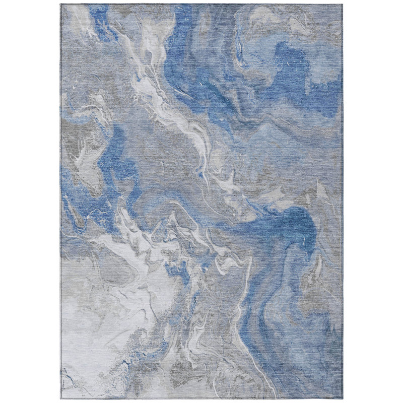 Tapis intérieur lavable abstrait bleu et ivoire 5 pi x 8 pi