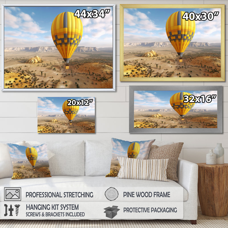 Ballon à air chaud jaune panoramique II - transport, art mural, salon, H 30 po x l 40 po x P 1,5 po, Cadre simple noir