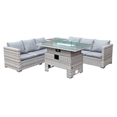 Malta Rattan 6 Seat Rising Firepit Corner Set in Dove Grey