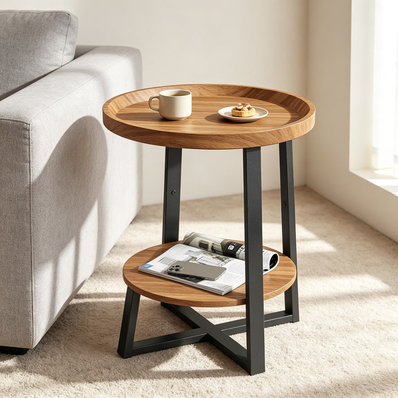 Table d'appoint ronde industrielle avec finition en bois de cerisier, table de bout moderne pour salon, chambre à coucher, table de chevet avec structure en métal robuste et rebord surélevé
