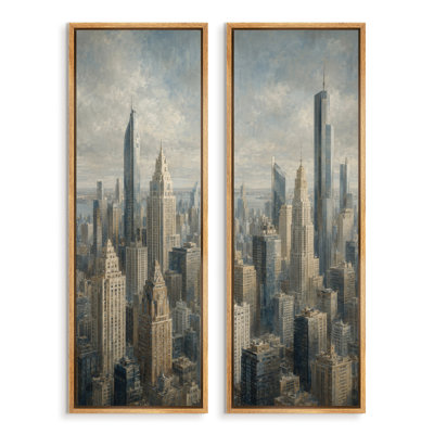 Vintage Neutral City Skyline Urban Decor – Set of 2 Framed Wall Art Print on Canvas 60"x20"x2
