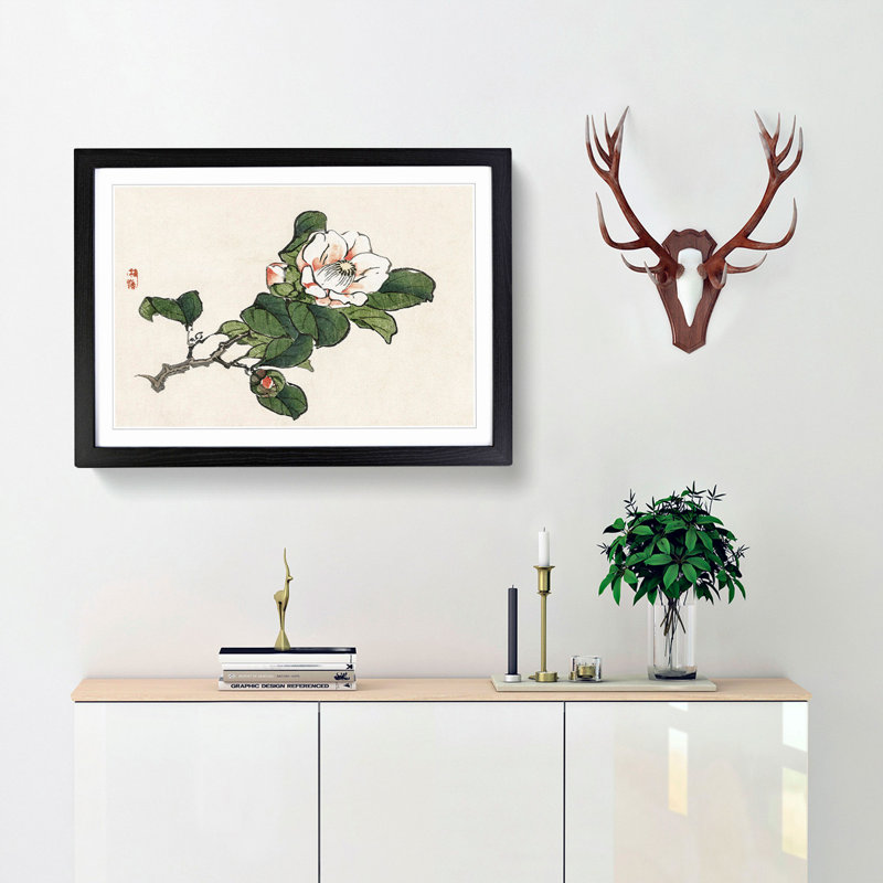 Pink Camelia Flower by Kono Bairei - Framed Print, Black, 40cm H x 60cm W x 2cm D