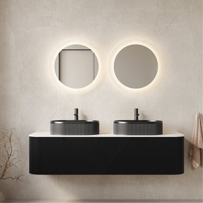 48" Bathroom Vanity&Sink, Floating Curved Edges Striped Storage Cabinet with 2 Drawers, Black Striped Oval Ceramic Basin&White Sintered Stone Top, Pre-assembled Dark Walnut