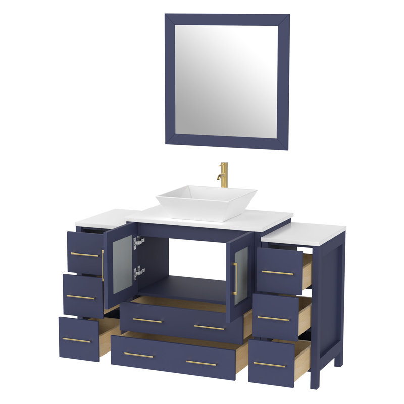 Ensemble de meuble-lavabo autoportant à simple cuve 54 "avec plateau en marbre et miroir assortis Ravenna, Bleu