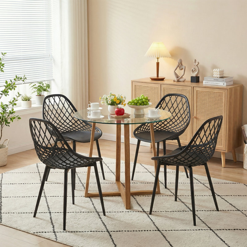 Nero Round Glass Top Dining Table with Iron Base, Clear, Brown
