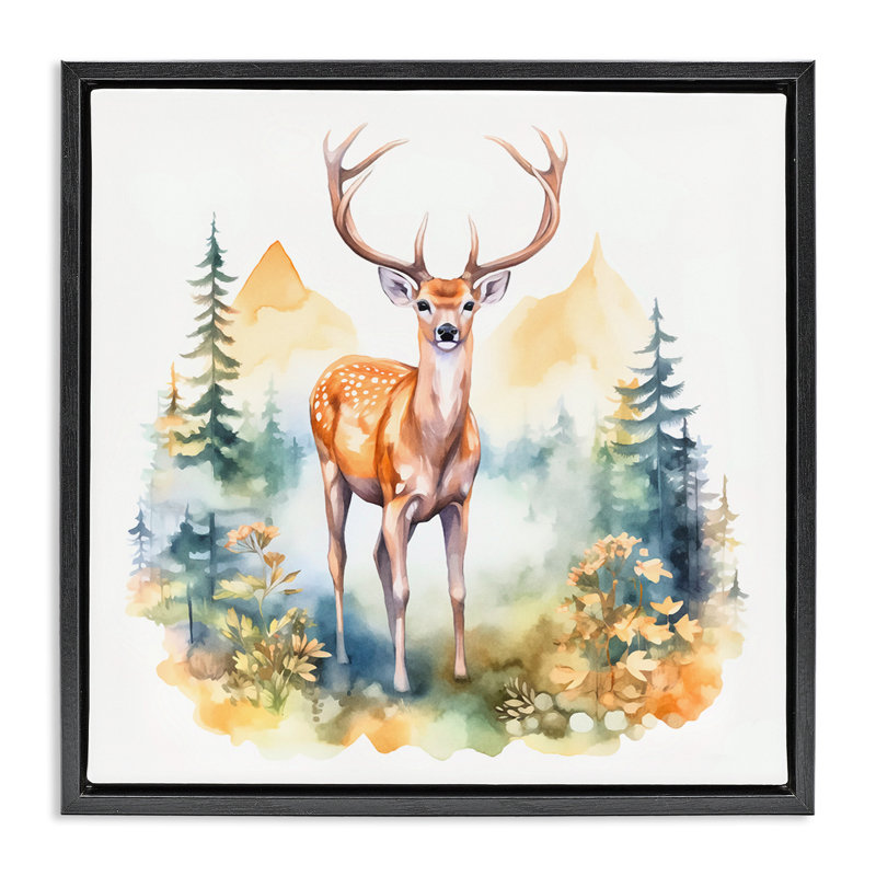 «Wild Deer with Mountains», art mural encadré flottant par Andrea Haase, Cadre flottant noir de jais, H 18 po x l 18 po
