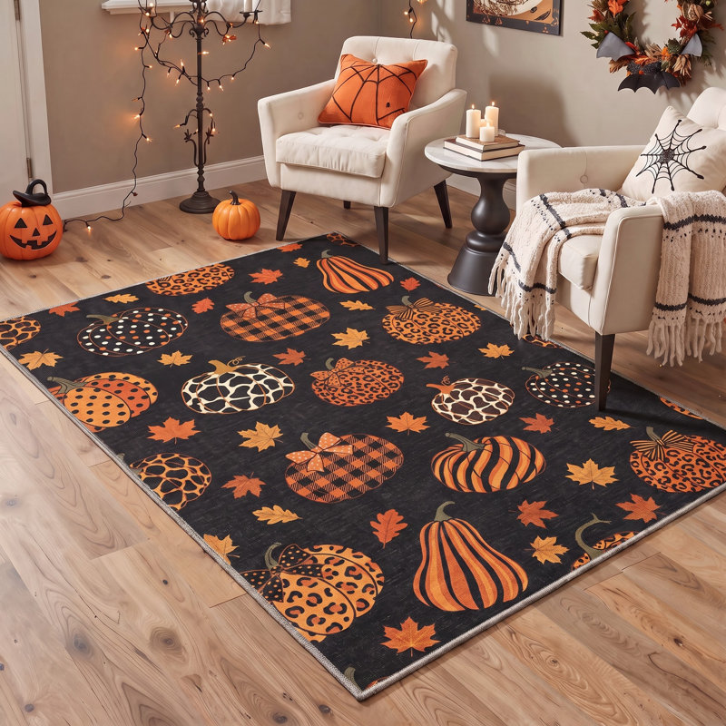 Tapis d'automne à motifs citrouille et feuilles d'automne, noir et orange, lavable à la machine, à poils courts, antidérapant
