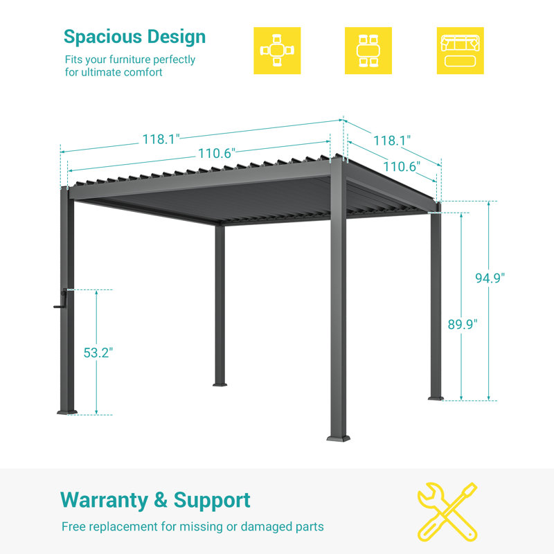 Durable Metal Pergola with Adjustable Louvered Roof for Outdoor Garden, 10 ft x 10 ft