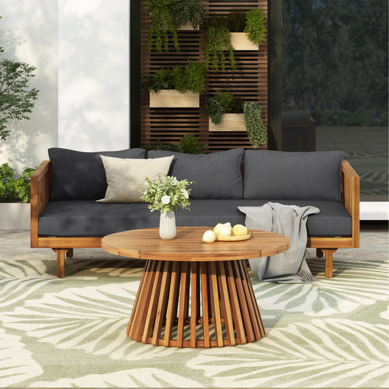 Acacia Wood Patio Furniture Set,Outdoor 3 Seater Daybed(With Water Resistant Thick Cushions)And Round Coffee Table