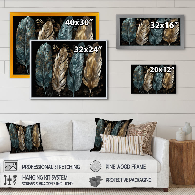 Plume dorée Arella I - art mural plume glam, Cadre simple noir, H 12 po x l 20 po x P 1 po