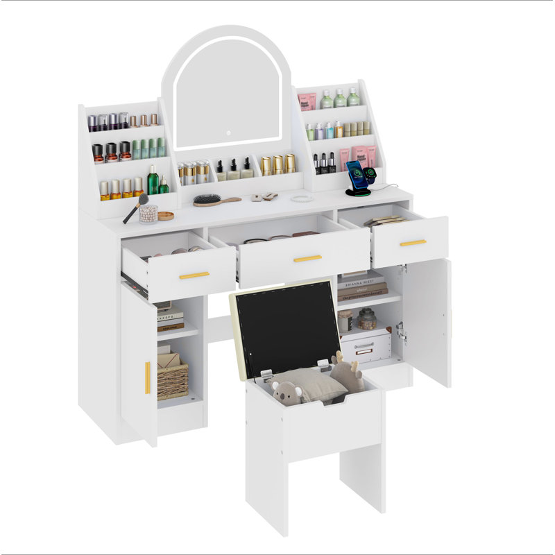Coiffeuse 47,2 "avec miroir et lumière, coiffeuse avec tabouret de rangement rembourré, coiffeuse avec deux organisateurs, 3 tiroirs et 2 armoires pour la chambre à coucher