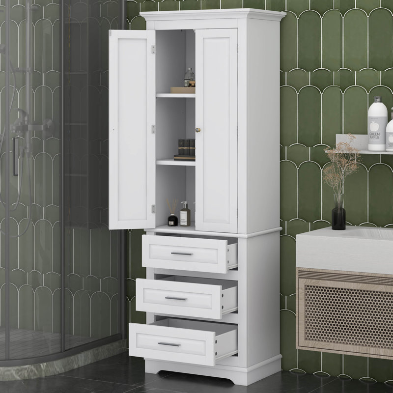 Tall Storage Cabinet With 3 Drawers, Adjustable Shelves & 2 Doors, Floor Freestanding Linen Cabinet For Bathroom, Living Room