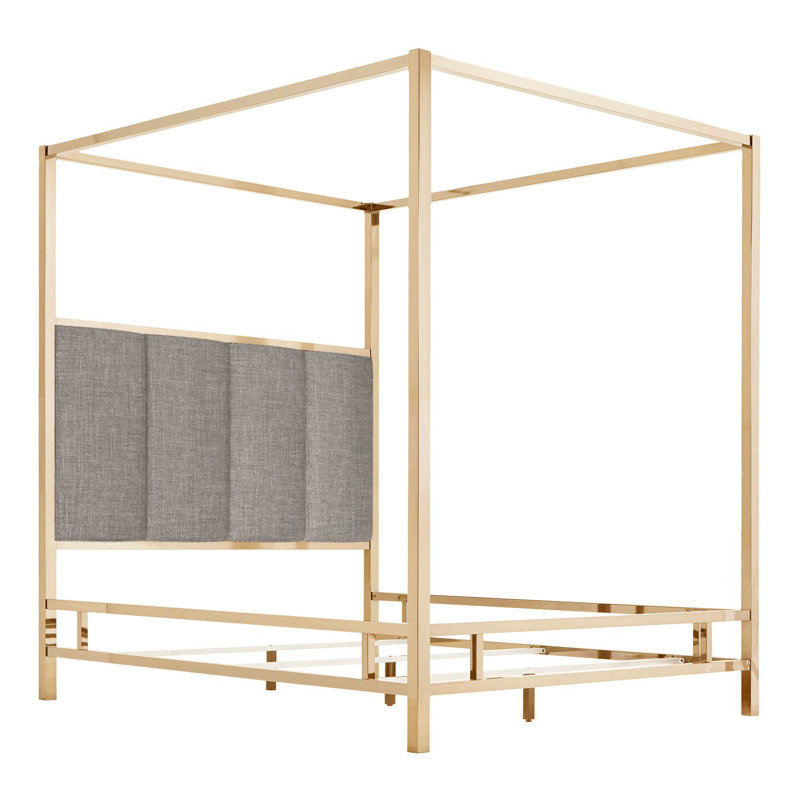 Upholstered Metal Canopy Bed, Champagne Gold/Gray, Full