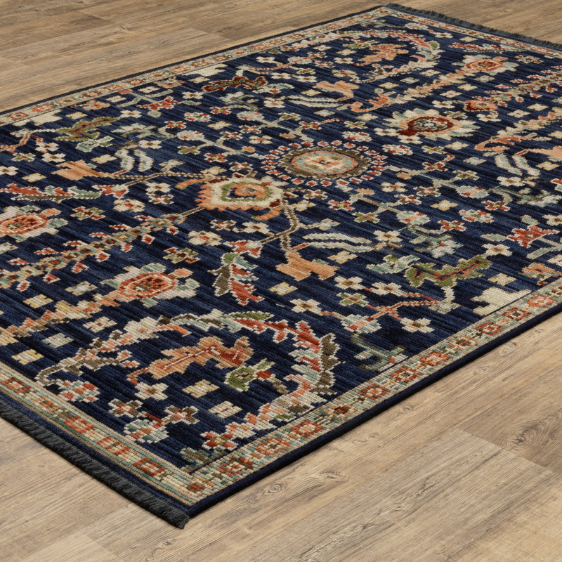 Tincie Traditional Botanical Floral Blue / Multi Wool Blend Area Rug, Rectangle 5'3" x 7'6", Blue / Multi