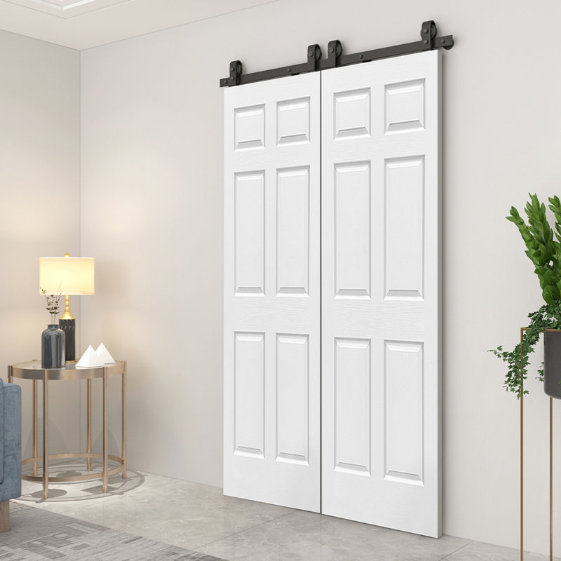 48 in. x 80 in. White Primed MDF Double Bi-Fold Barn Door with Black Hardware