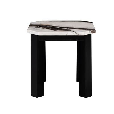 Table de bout de style contemporain avec finition en faux marbre panda et pieds en bois d'hévéa noir, forme carrée, dimensions de 24 pouces, pour les espaces de vie principaux Surface des pieds en bois, hauteur, largeur, profondeur, zones