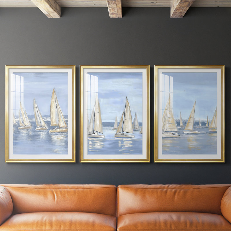 NAUTICAL Series IV - Impression sur mesure encadrée de qualité supérieure - 3 pièces, H 21 po x l 30 po, Doré