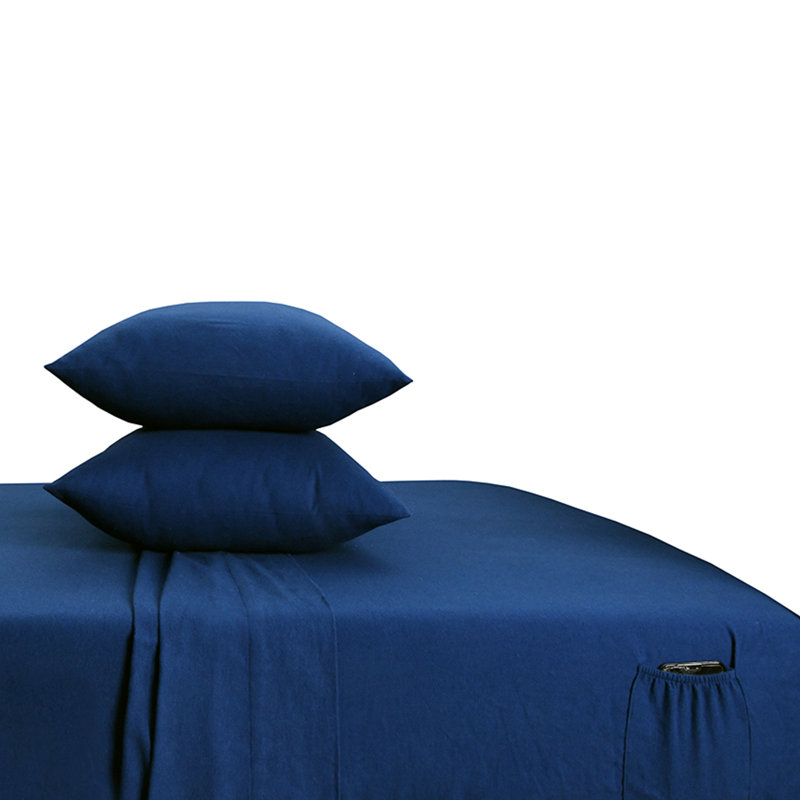 Ensemble de literie en flanelle 100 % coton, Ensemble de draps pour très grand lit + drap-hous, Bleu marine