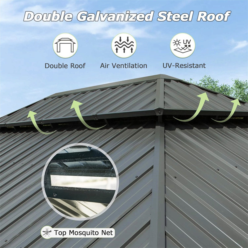 12' X 18' Hardtop Gazebo, Aluminum Metal Gazebo With Galvanized Steel Double Roof Canopy, Curtain And Netting, Permanent Gazebo Pavilion For Patio, Backyard, Deck, Lawn