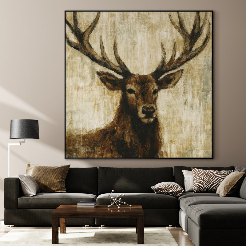 Extra Large Wall Art Fabric Print - Wild Deer with Strong Antlers in Warm Earth Tones Artwork Decor for Living Room or Bedroom - "Frame Assembly Required (Unfinished Frame)"