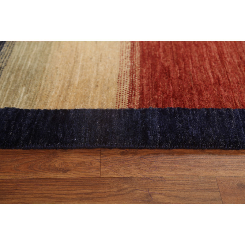 Tapis unique en laine noué à la main à rayures rectangulaires bleu / ivoire / rouge