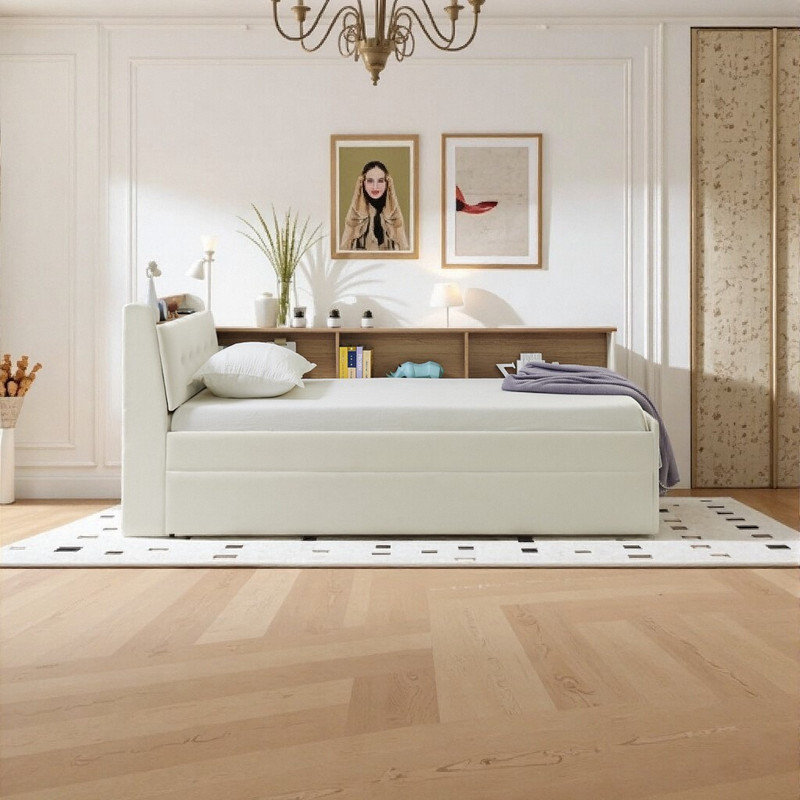 Twin Size Smart Daybed with Trundle, LED Lighting & Wireless Charging Storage Bed, Beige