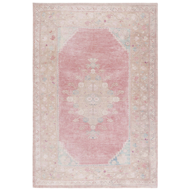 Bhavi Vintage Hand Tufted Pet Yarn/Cotton Oriental Rug in Pink/Dark Beige, Rectangle 8' x 10'