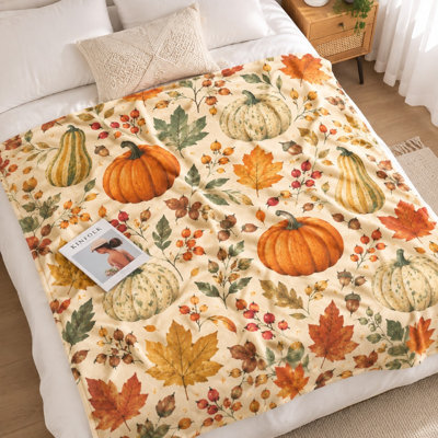 1 jeté en molleton à motif de feuilles d'automne à imprimé citrouille - confortable et chaud; lavable à la machine à une faceParfait pour le canapé-lit