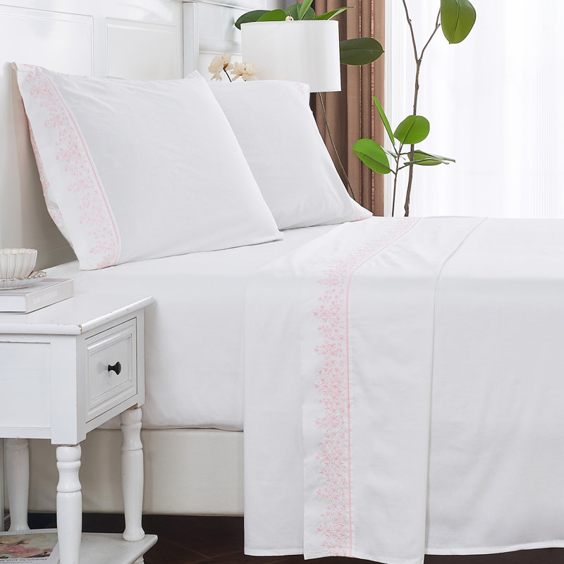 Cali 300 Thread Count Floral 100% Cotton Percale Sheet Set, Full Sheet Set with 2 Pillowcases, Pink