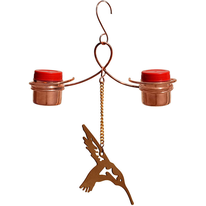 Mangeoire à colibris à suspendre à la main en cuivre pur avec ornement en forme de colibri en métal pour l'extérieur
